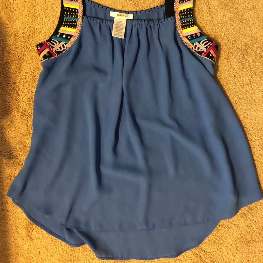 Esley blue flowy tank top with embroidery